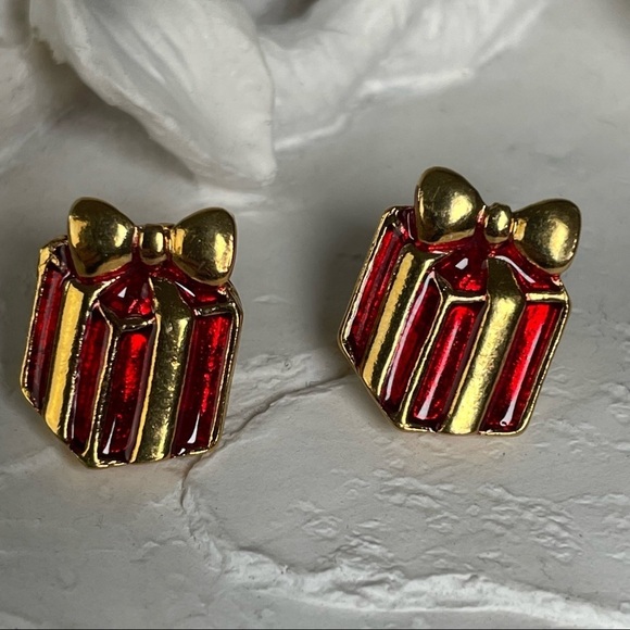Red Enamel Gold Present Earrings NWOT - Picture 4 of 7